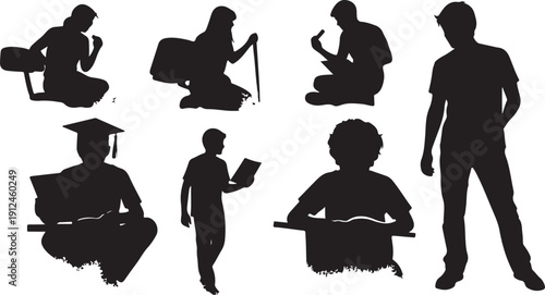 Silhouettes of students in various educational settings and activities