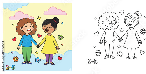 Cartoon Little Girls Holding Hands Friendship Illustration for Kids Coloring Book with Line Art Version, Cute Friends Together with Hearts and Flowers Educational Activity Sheet (188 characters)