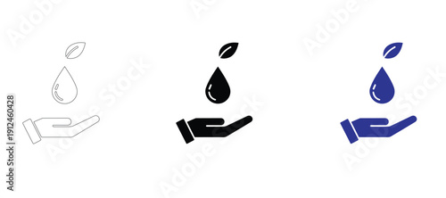 Water Drop and Leaf Icon Set in Hand for Skincare, Ecology, and Sustainability Concepts. Vector Illustration of Natural Beauty, Eco-Friendly Liquid, and Pure Organic Ingredients Protection