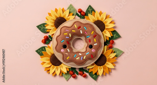 Cute donut character surrounded by bright sunflowers in soft pastel kawaii style
