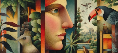 Handsome Face Hidden in Lush Tropical Rainforest, Exotic Birds and Wildlife Surrounding, Bright Colorful Illustration Art, Left Negative Space for Advertising Text, Creative Nature Concept Background