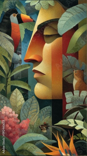 Handsome Face Hidden in Lush Tropical Rainforest, Exotic Birds and Wildlife Surrounding, Bright Colorful Illustration Art, Left Negative Space for Advertising Text, Creative Nature Concept Background