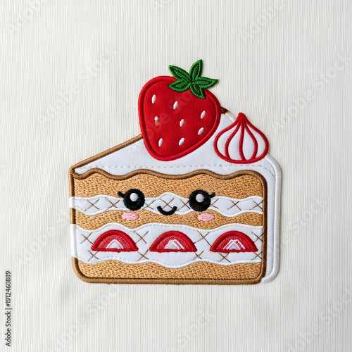 Cute strawberry cake slice character illustration in soft pastel kawaii style.