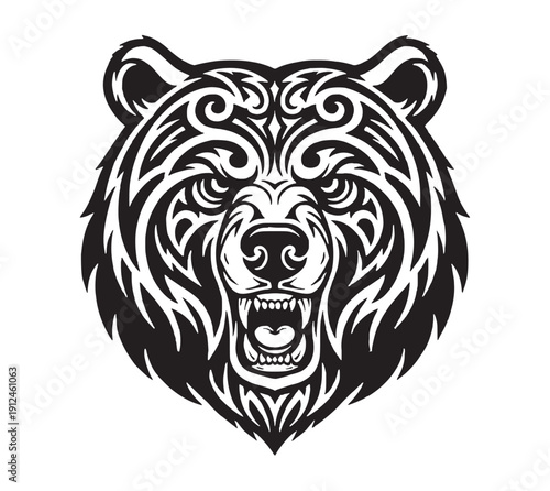 Roaring grizzly bear head vector illustration with intricate tribal tattoo patterns, isolated on a transparent background, perfect for branding or apparel.