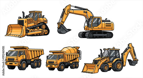 Construction Vehicle Icon Set – Heavy Machinery Line Vector for Engineering and Infrastructure Work