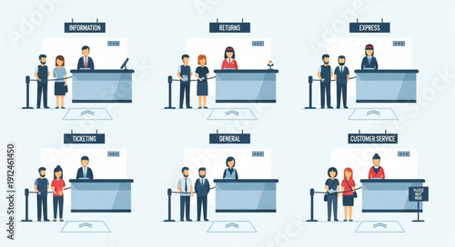 People waiting in line at bank counters for service.