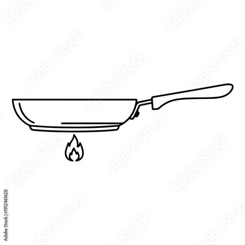 Vector illustration of a frying pan on a gas stove burner with a flame, simple line art icon for cooking and kitchen themes, isolated on white background