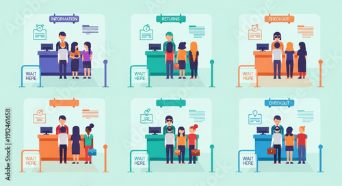 People queuing in line at service counters illustration.