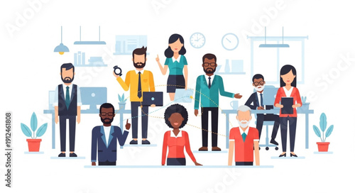 Diverse group of professionals in a modern office setting.