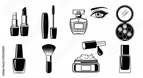 Collection of cosmetic products and beauty items illustration.