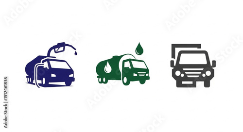 Set of three transportation icons representing fuel delivery and vehicles.