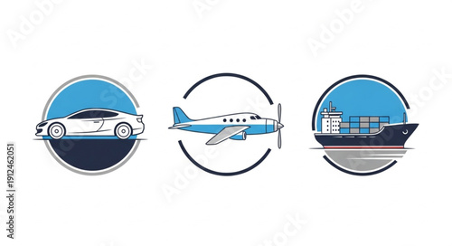 Set of transportation icons showing car airplane and ship.