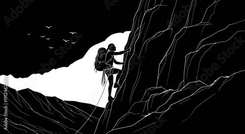 Silhouette of a climber ascending a steep rocky mountain face.