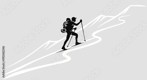 Silhouette of a hiker climbing a mountain path with trekking poles.