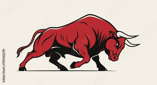 Powerful Red Bull Charging Forward Aggressively.