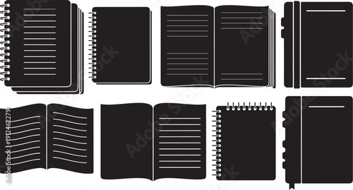 Collection of black notebooks and journals in various positions