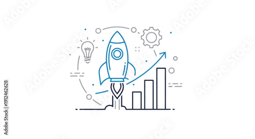 Rocket Launching Upwards With Growth Chart and Lightbulb Icon.