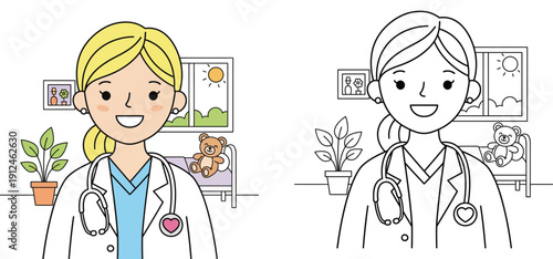 Female Pediatrician Character in Clinic with Stethoscope and Teddy Bear Illustration, Includes Colored Version and Line Art Coloring Page for Kids Healthcare and Education