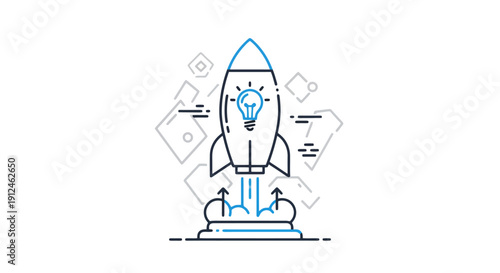 Rocket Launching With Lightbulb Symbolizing New Idea.