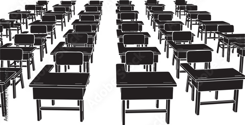 Rows of empty black school desks in classroom setting