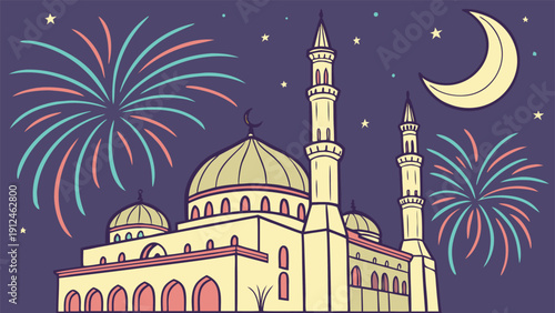 Cartoon Mosque Silhouette with Starry Night Sky and Crescent Moon