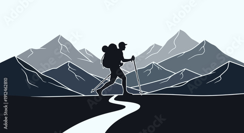 Silhouette hiker with backpack and trekking pole walking on a winding path through mountains.