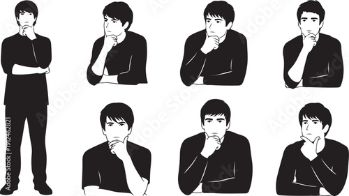 Thinking man in various poses and expressions isolated