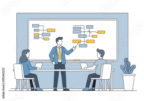 Business team collaborating on project strategy with flow chart presentation displayed on large monitor leading to successful planning and development
