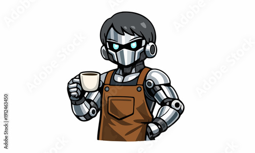 Robotic barista with a coffee mug cartoon illustration