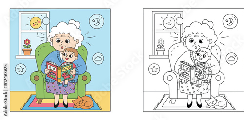 Grandmother Reading Bedtime Story to Grandchild in Cozy Armchair Cartoon Illustration, Color and Black and White Line Art Version for Kids Coloring Book Page and Educational Activity