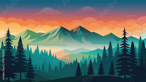 A stylized illustration depicts a majestic mountain range silhouetted against a vibrant colorful sunset sky with evergreen trees high-quality professional