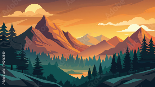 A vibrant illustration depicts a majestic mountain range bathed in the warm glow of a setting or rising sun high-quality