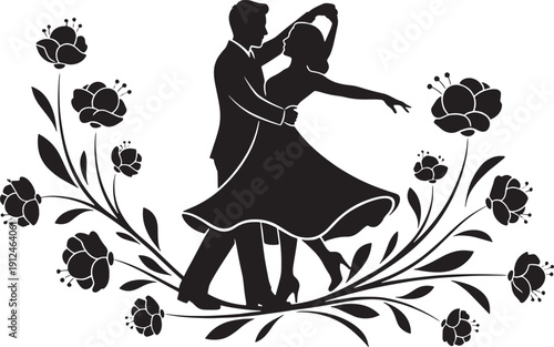 Dancing Couple Silhouette with Floral Decorations.
