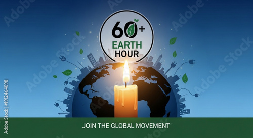 Earth hour global movement with candle and globe on blue background