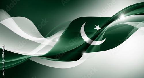 Pakistan flag waving with green and white colors and crescent moon symbol on gradient background