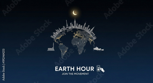 Earth hour movement global event dark blue background city skyscrapers moon