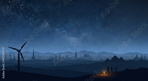 Renewable energy wind turbines under starry night sky with distant cityscape and mountains