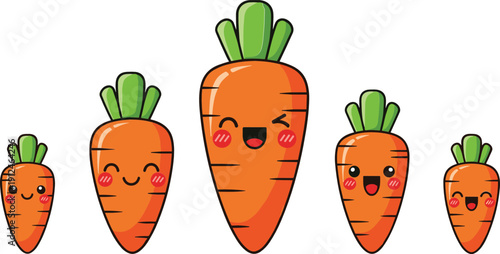 Cute carrot characters collection smiling vegetables cartoon vector illustration set isolated background