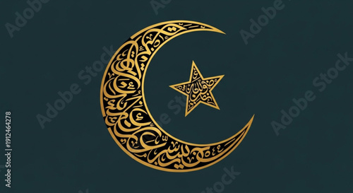 Islamic crescent moon and star symbol with intricate golden patterns on dark green background for ramadan or eid celebrations