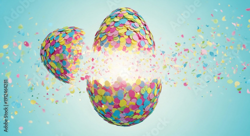 Colorful easter eggs exploding with confetti on light blue background symbolizing celebration and joy