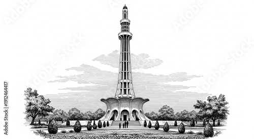 Minar e pakistan monument in a park with trees and people black and white illustration