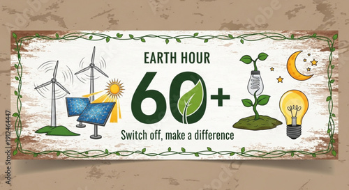 Earth hour 60 switch off make a difference eco friendly campaign sign with wind turbines light bulb and green leaves on beige background