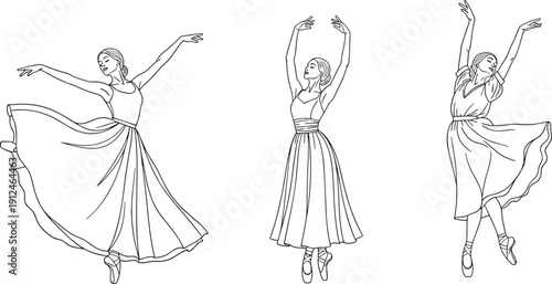 Ballerina ballet dancer set in graceful poses, minimalist line art of dancing women, cad drawing flat vector illustration, isolated figures