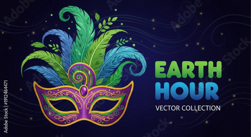 Vibrant mardi gras mask with colorful feathers for earth hour event