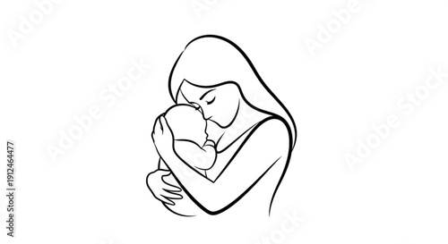 Mother holding newborn baby close loving embrace tender moment black line art simple illustration white background