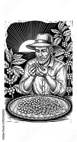 Coffee farmer inspecting his harvest with care and dedication.