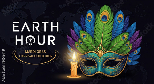 Vibrant mardi gras mask with peacock feathers and candlelight on dark background for earth hour celebration