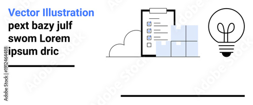 Organization, planning, idea generation, productivity, logistics, inventory. A clipboard with boxes and a lightbulb icon next to it. Organization and planning