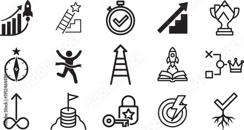 Goal and achievement icon set with trophy and target symbols
