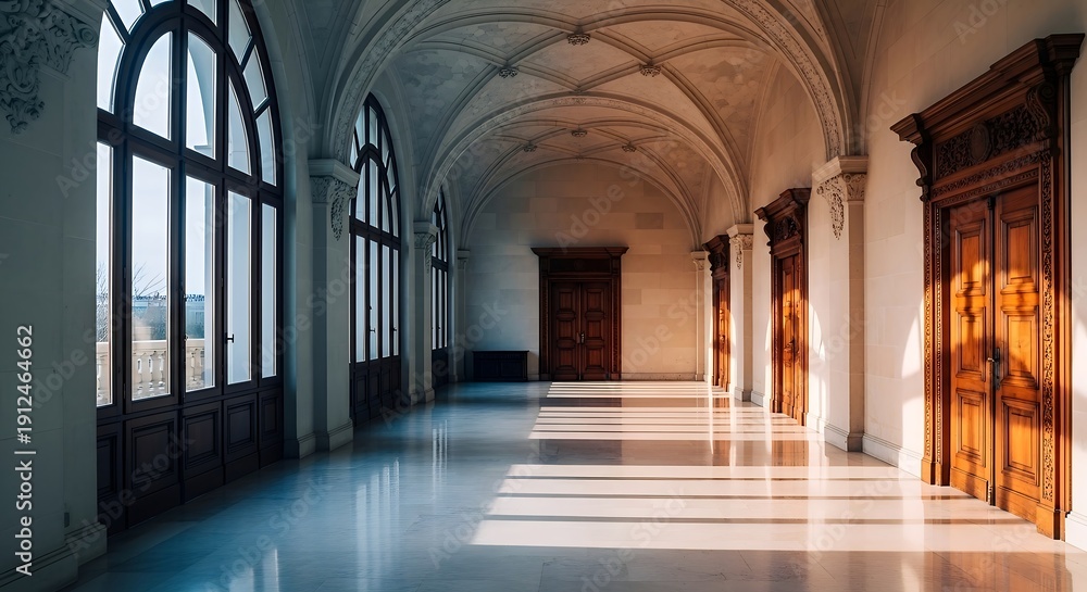Obraz premium Grand Hallway with Arched Windows and Sunlight Beams